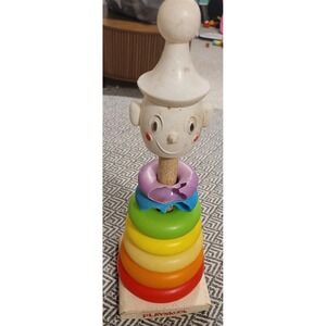 Vintage 1960s Playskool Plastic Clown Ring Stack on wooden rocking base